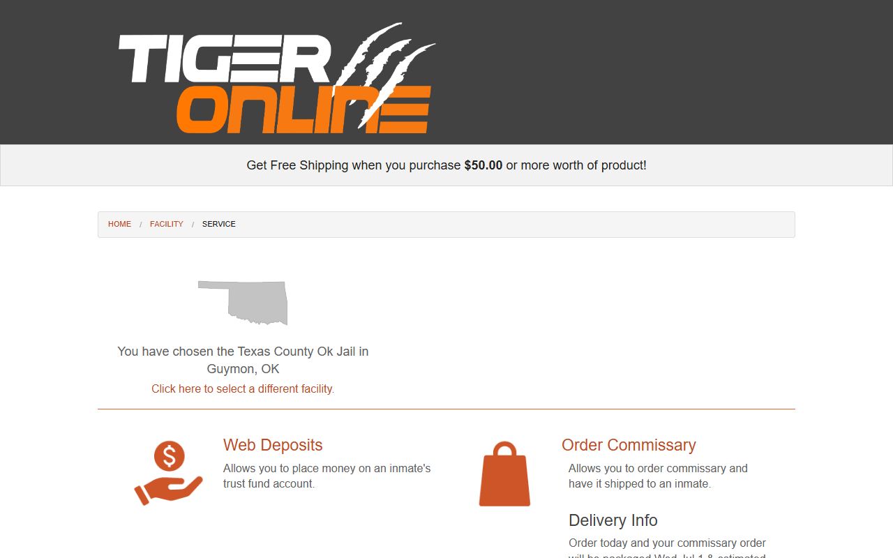 Texas County Jail Tiger Commissary web deposits and order commissary page